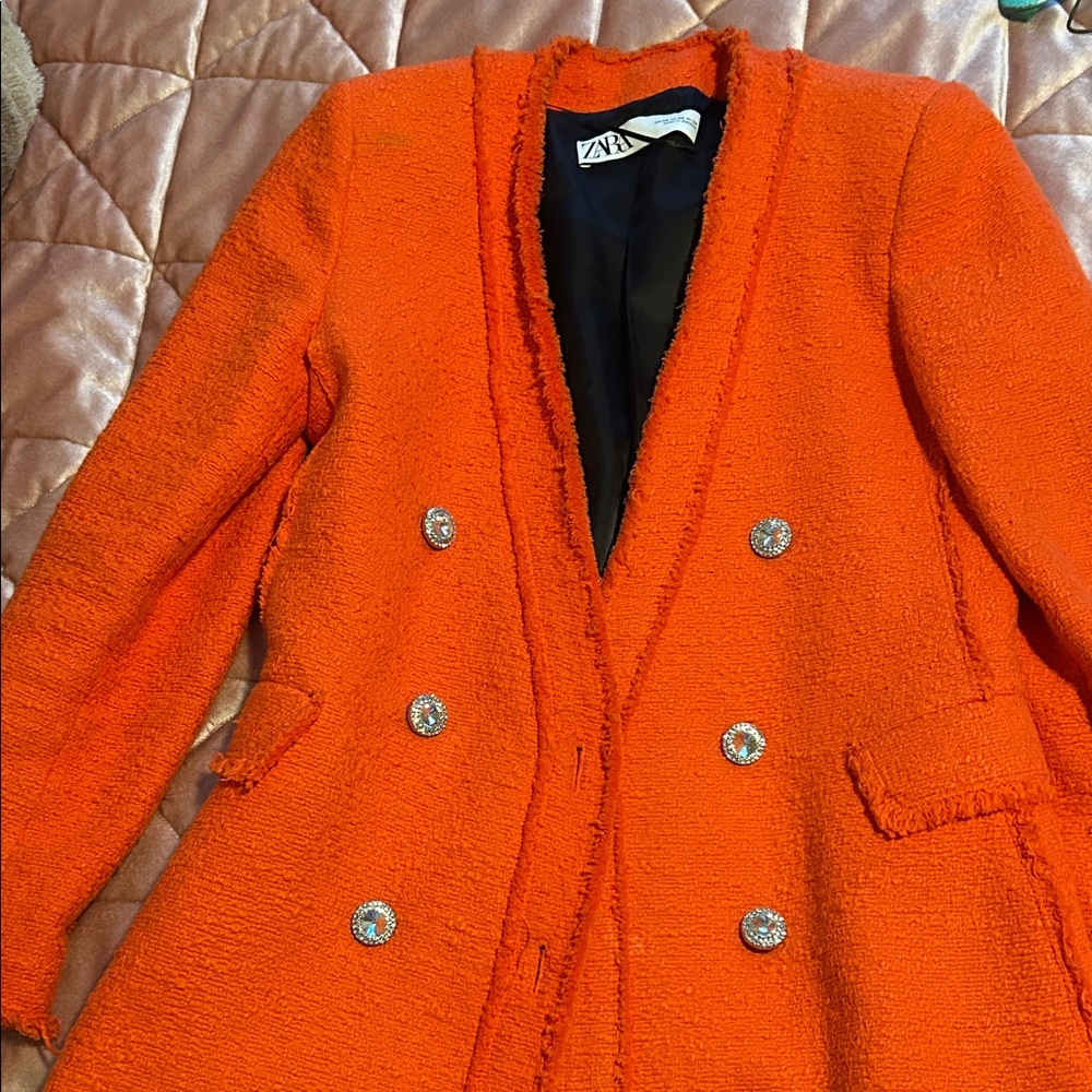 Zara Women's Orange Blazer with Shiny Buttons